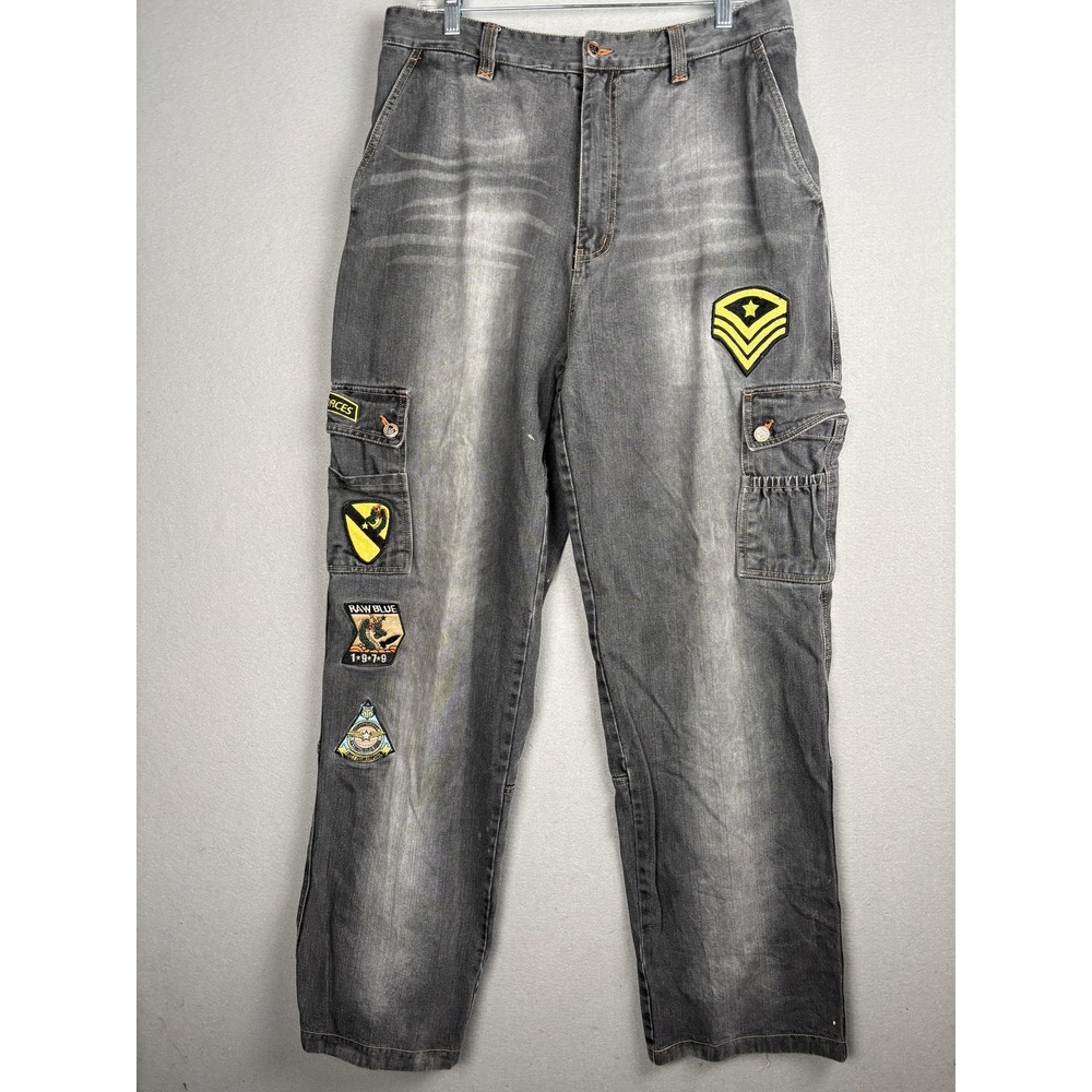 Raw Blue Jeans Mens W34 L34 Gray‎ Cargo Pants Patchwork Badge Streetwear Y2K